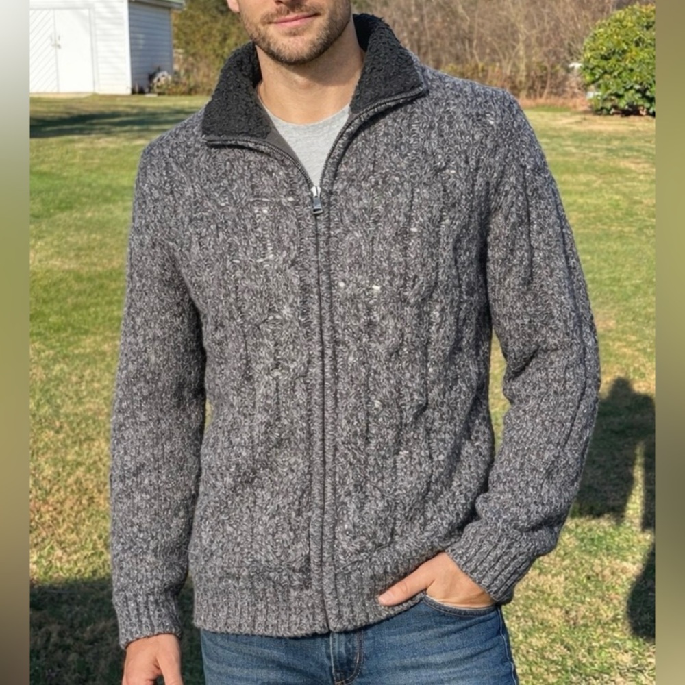 BKE Buckle Cable Knit Cardigan Full Zip Wool Blend Black Collar Mens Size Large